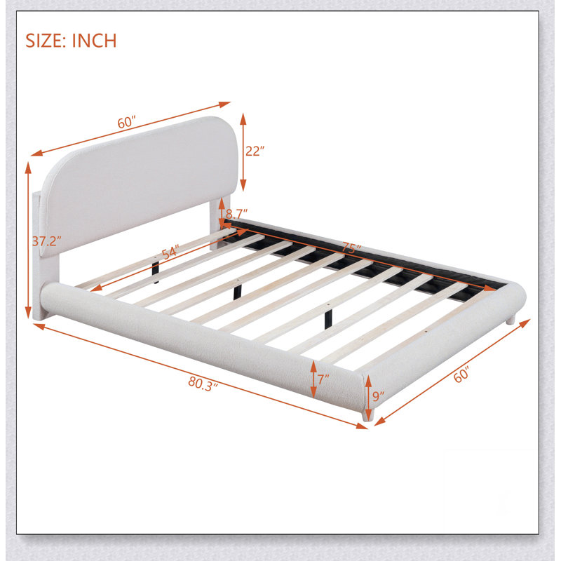 Lit plateforme tapissier avec tissu épais, structure solide et design courbé élégant, Beige, Double
