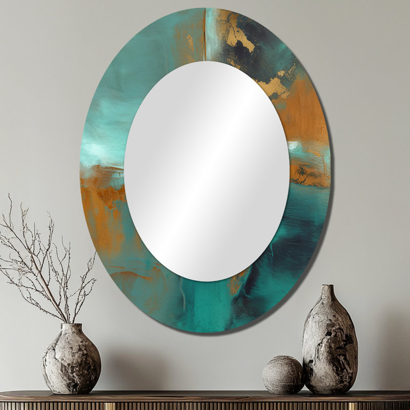 Teal Balance I - Miroir décoratif ovale abstrait sur métal, 40 po x 30 po