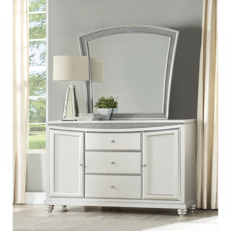 Gorgeous Platinum Finish Mirror With Rhinestone Inlays And Ample Viewing Area