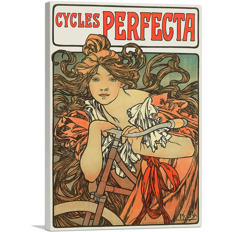Cycles Perfecta 1902 par Alphonse Mucha - impression sur toile tendue, H 40 po x l 26 po x P 1,5 po