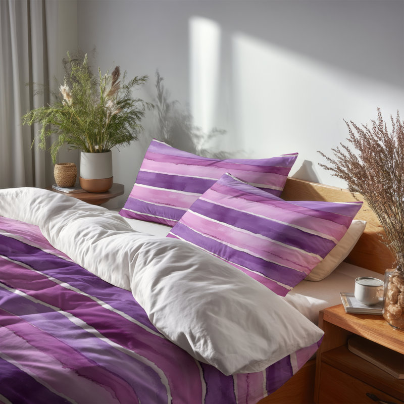 Ensemble de literie à rayures de 3 - Ensemble de housse de couette et de coussin à rayures lavande mauve et blanche French Country