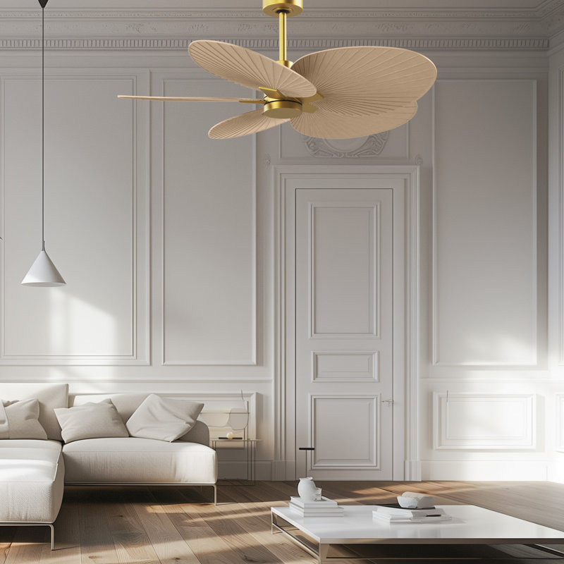 Alessandra Tropical - Five Blade Ceiling Fan - Matte White Finish - Matte White Blades, Brushed Brass, Light Maple Tone