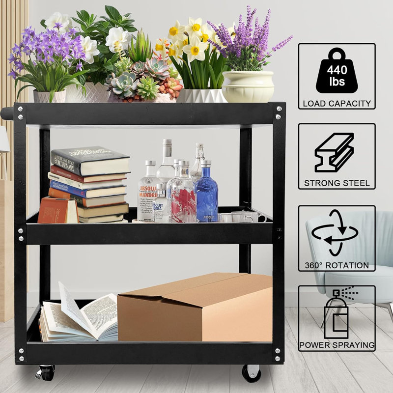 3-tier Rolling Tool Cart, Mechanic Tool Cart With Lockable,440 Lbs Capacity