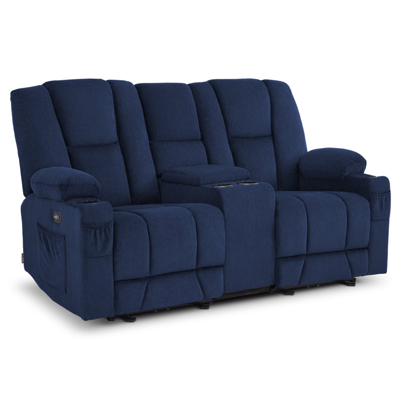 Power Reclining Loveseat Sofas with Heat, Console and Massage, Cup Holders, Fabric Upholstered, Navy Blue 
