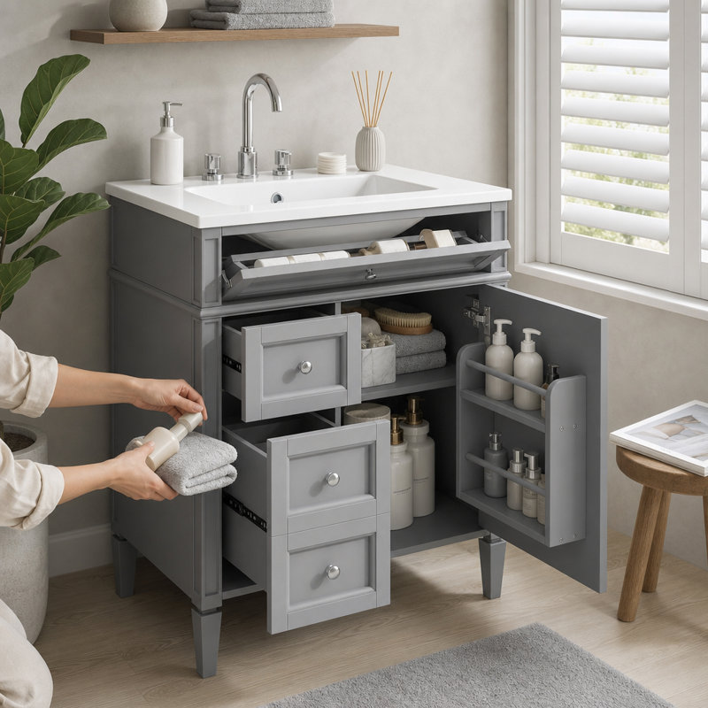 Matte Gray Freestanding Bathroom Vanity with Chrome Knobs & Ceramic Sink