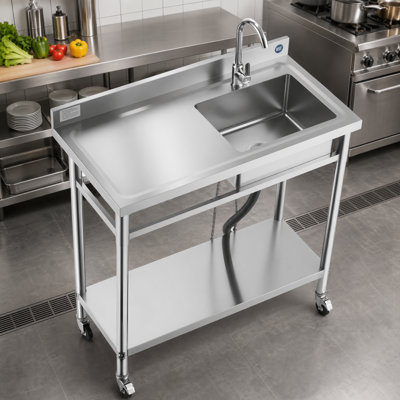 Mobile Commercial Kitchen Sink With Casters, Including Faucet And Hot And Cold Water Pipes, Multi-Functional Worktop Suitable For Garages, Restaurants And Other Locations.