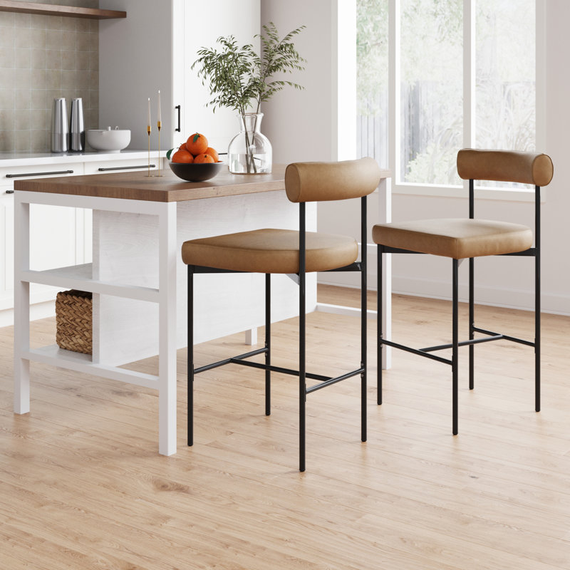 Faux Leather Bar Stool with Metal Legs, Brown/Faux Leather, 2, Counter Stool (26" Seat Height)