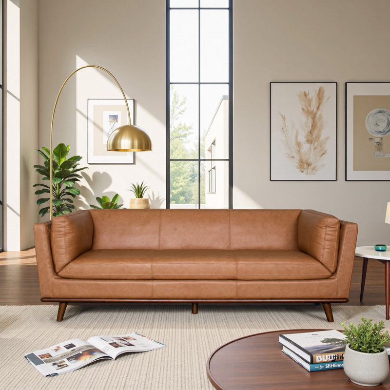 Canapé à accoudoirs carrés en cuir véritable 85,5 po Melin, Cuir brun clair
