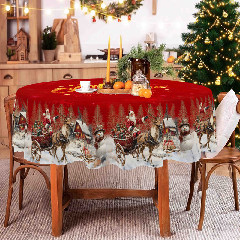 1pc round/rectangular polyester tablecloth, Christmas tablecloth with pine, snowman, truck, embosed edge, Christmas decorations for dining table, festival party holiday table decoration, perfect festival gift