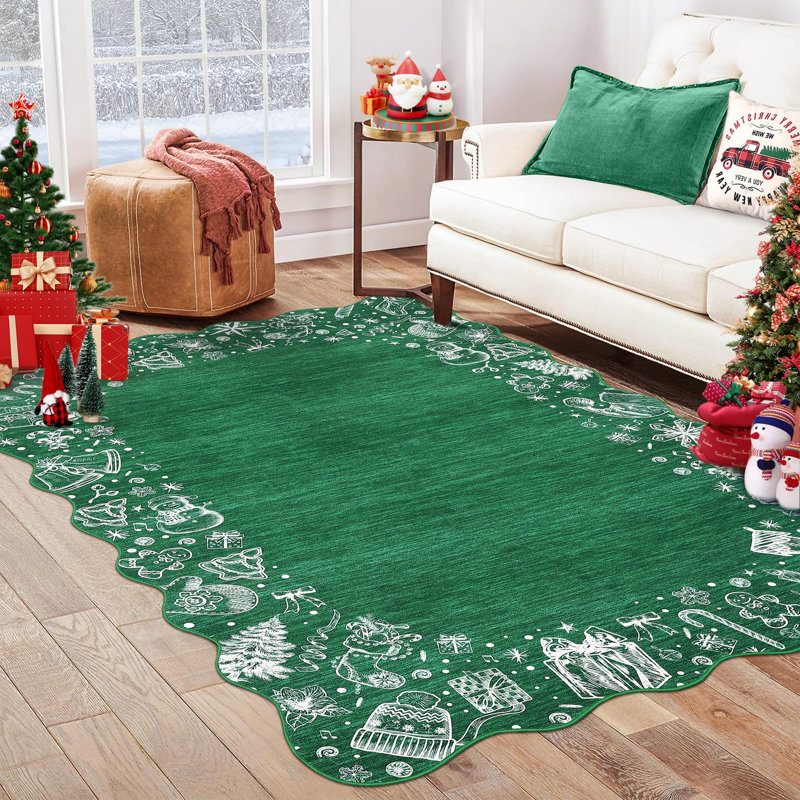 4x6ft Scalloped Christmas Rug Non Slip, Washable Low Pile Non Shedding Xmas Holiday Carpet Indoor Printed Area Rug