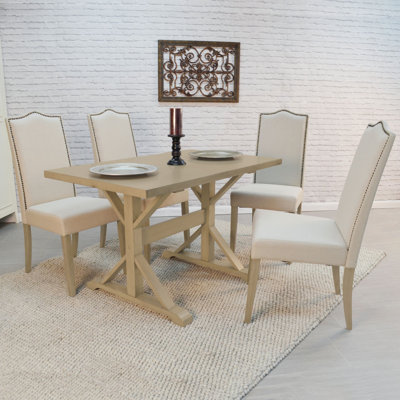 Florence Trestle Table And 4 Romero Parson Upholstered Chairs - Weathered Gray And Natural Driftwood With Linen Upholstery