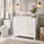 Meuble-lavabo 36 po avec lavabo en céramique, cadre en bois massif blanc, portes à fermeture douce, tablettes réglables, 3 tiroirs, y compris un tiroir à double profondeur pour le rangement du sèche-cheveux-518526663