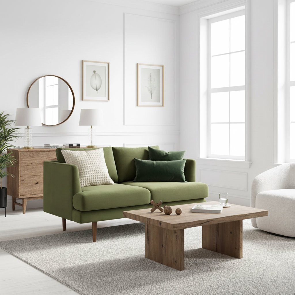 Miller 55" Linen Loveseat, Olive Green Velvet