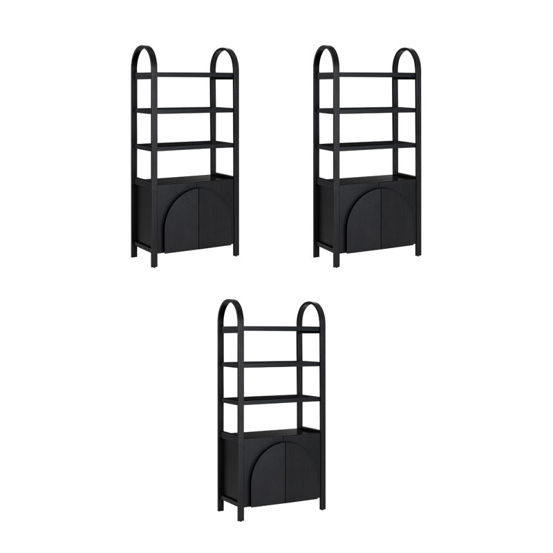 3 Tier Arched Bookshelf With Cabinet Base And Solid Wood Frame (3-Piece Set), Black Oak