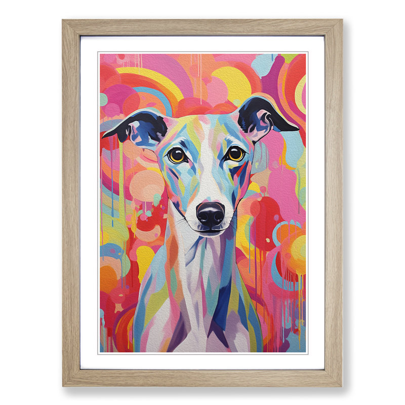 Whippet Colour Field Art - Framed Print, Oak Framed, 46cm H x 34cm W