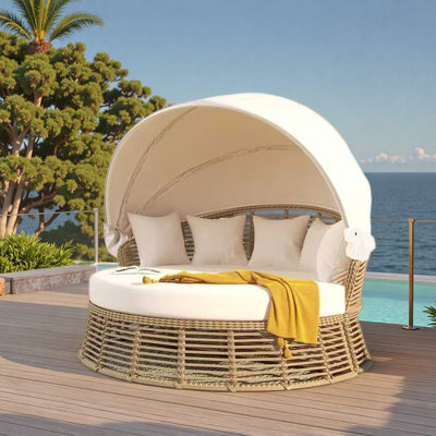 Outdoor Patio Rattan Round Daybed with Retractable Canopy, Wicker Furniture Round Poolside Sofa Sunbed with Removable Cushions, Backyard, Porch