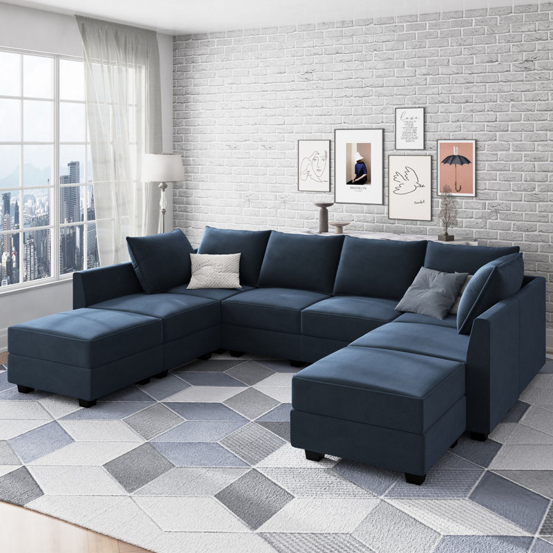 Tremee U Shaped Modular Velvet Sectional Couch, Blue Velvet