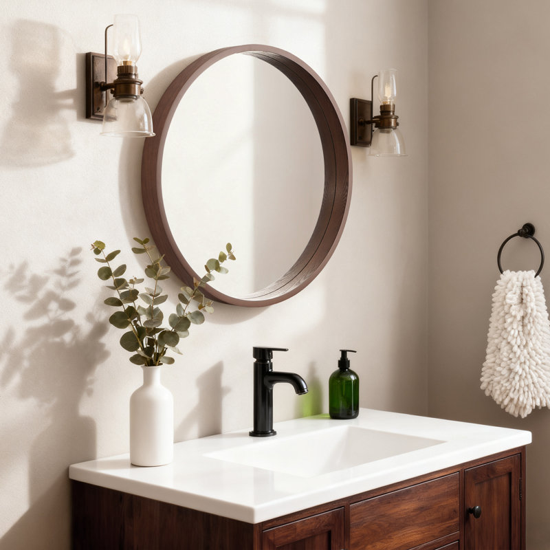 Round Wood Frame Wall Mirror – 2.5-inch Thick Frame, 24" x 24", Walnut