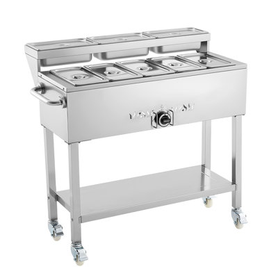 Table à vapeur commerciale au propane, 5 plateaux à aliments et 3 plateaux à condiments, réchaud à soupe pour l'extérieur avec soupape de vidange et roues de 3 po, chauffe-plats au propane en acier inoxydable avec température réglable pour l'extérieur