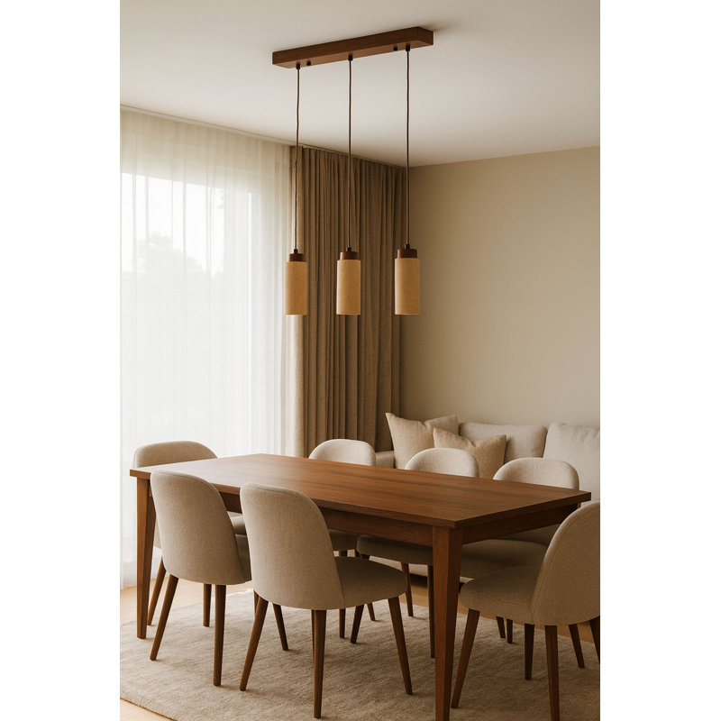 Elegant Adjustable Chandelier, Wood Veneer & Metal Body, Beige & Walnut Finish | Cap Size: Ø2.6 x 7.1 inches, Total Height: 11.8 - 63.0 inches, Base Plate: 23.6 x 2.4 x 1.6 inches | 3 x GU10 Max 10W (Bulb Not Included)