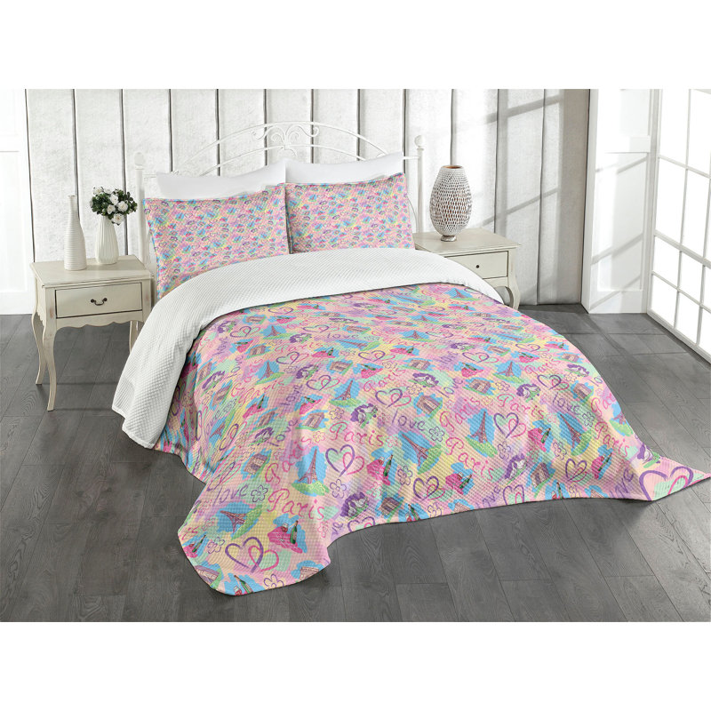 Queen Pink and Blue Quilted Bedspread Set with Pillow Shams