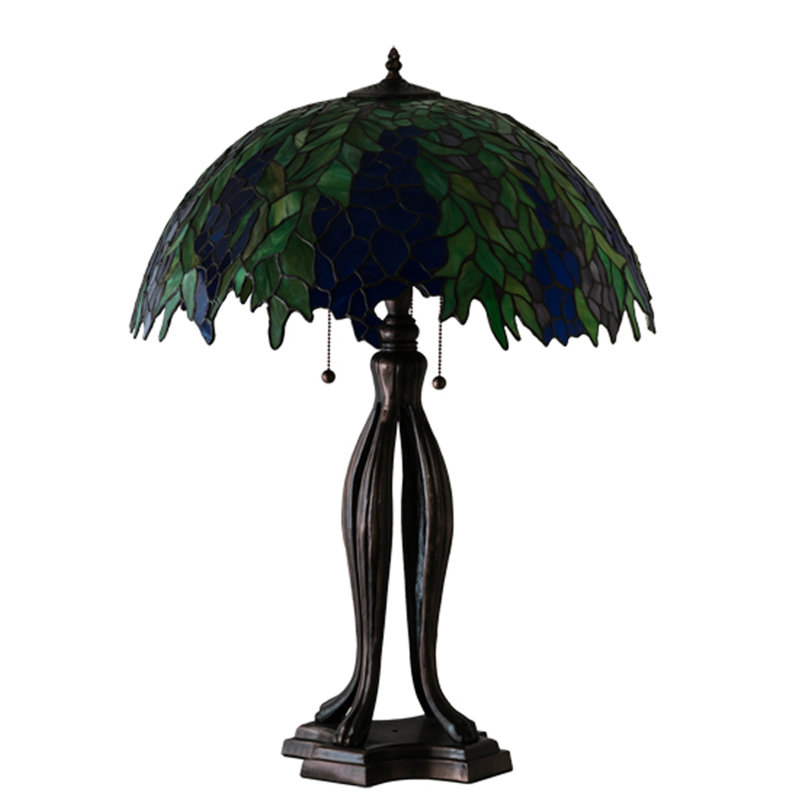 Honey Locust 3-Light Mahogany Bronze Table Lamp with Green/Blue Glass Shade