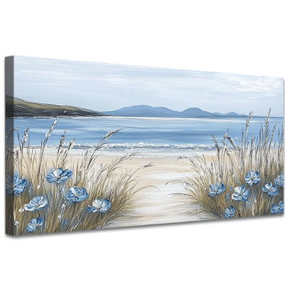 Beach Artwork Wall Decor - Coastal Ocean Pictures Canvas Wall Art Prints, Beachy Flower Painting for Living Room, Seashore Wall Decor Wrapped Canvas Prints, 20×40 inches