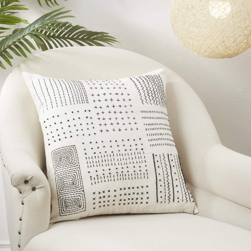 White Embroidered Cotton Square Throw Pillow