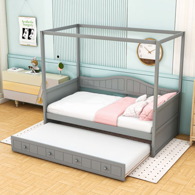 Twin Size Wooden Canopy Daybed with Space-Saving Twin Trundle