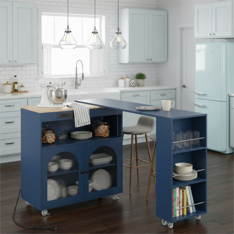 Rolling Pantry Cabinet, Kitchen Island with Extended Table, LED Lights, Power Outlets, Fluted Glass Doors & Storage Shelves, Navy Blue