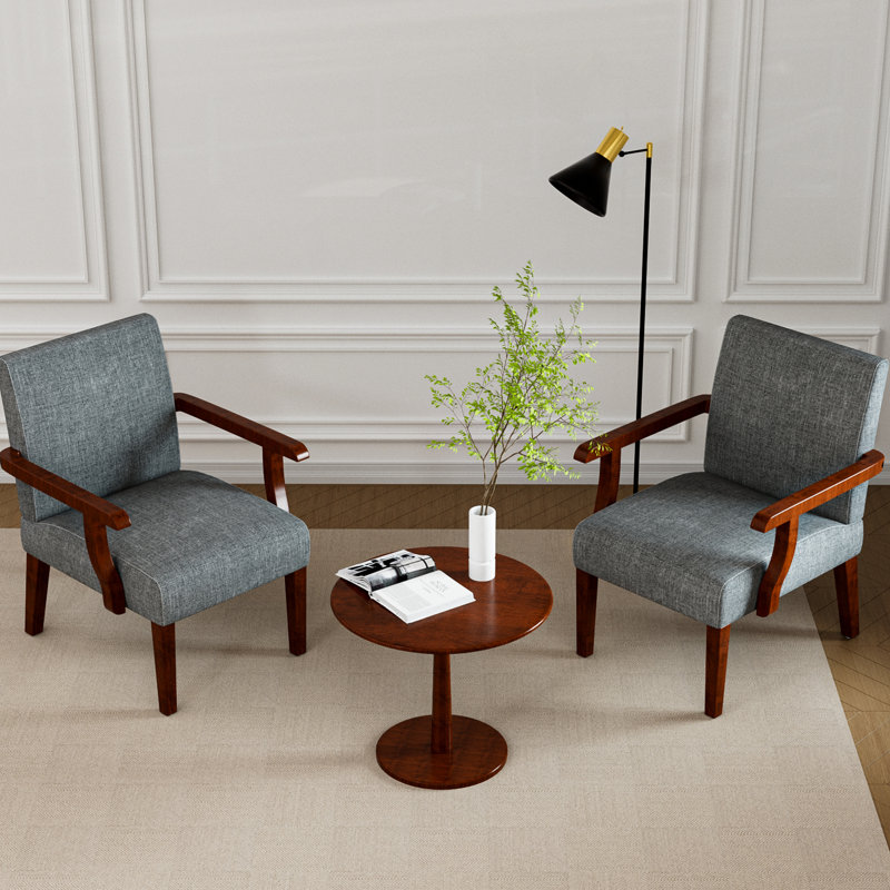 De 2 fauteuils d'appoint en tissu gris avec table ronde en bois, structure en bois franc pour la chambre à coucher, le salon et le bureau