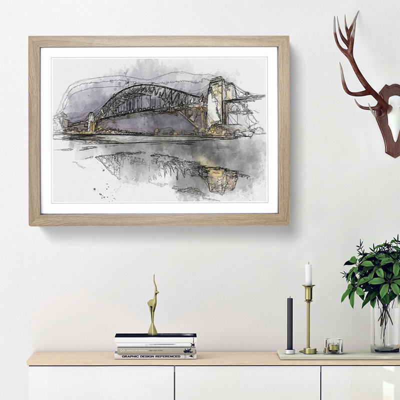 Sydney Harbour Bridge Australia in Abstract - Picture Frame Graphic Art Print, Oak Framed, 62cm H x 87cm W x 2cm D