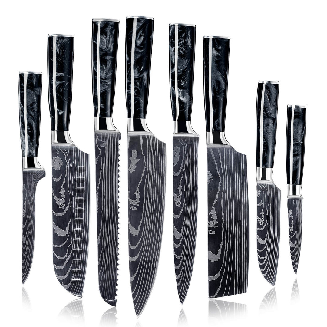 Senken Knives 8-Piece Japanese Knife Set With Black Resin Handles - Onyx Collection - Razor Sharp Blades With Beautiful Damascus Pattern - Chef's Knife, Santoku Knife, Bread Knife, Paring Knife, & More, Gift Box Senken Knives