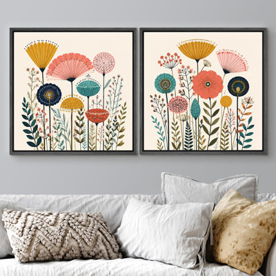 Ensemble de 2 reproductions colorées de fleurs et de fleurs rétro avec fleurs rétro et charme fantaisiste