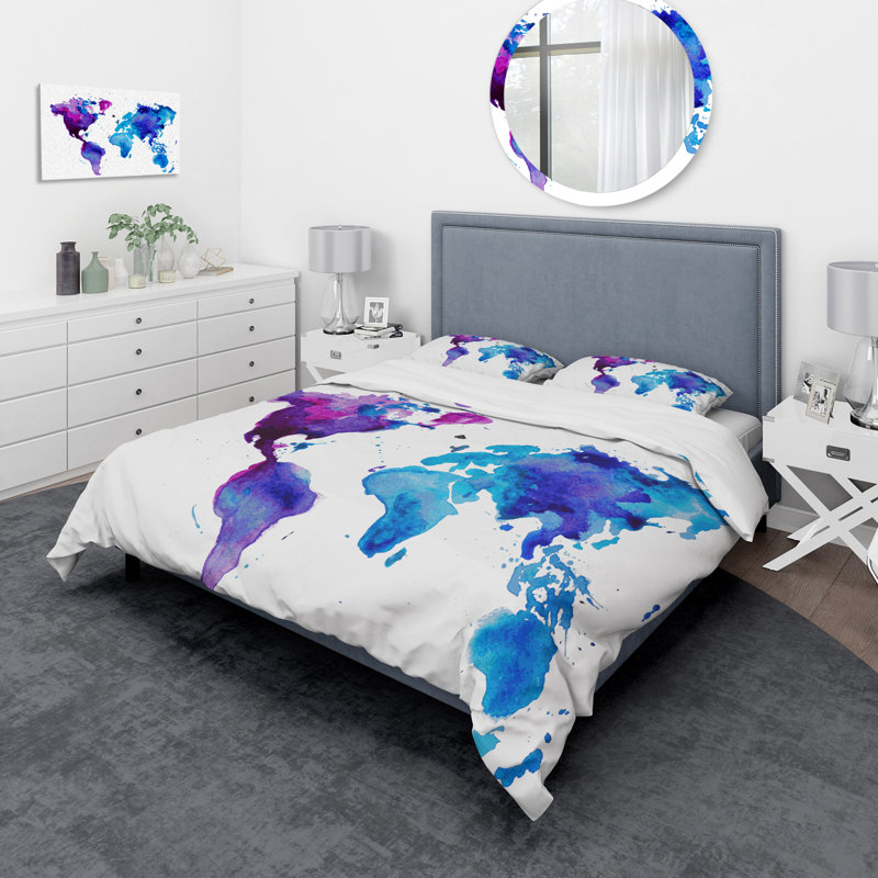 Carte du monde mauve et bleue - Ensemble de housse de couette moderne - Microfibre de polyester