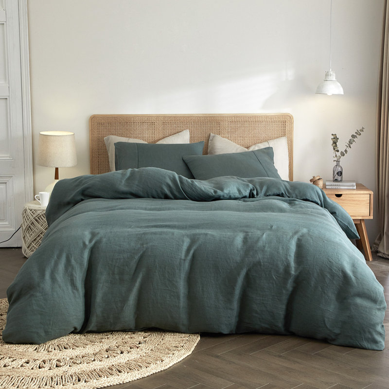 100% French Linen Duvet Cover & Sham Set with Corner Ties, Queen Duvet Cover + 2 Standard Pillowcases, Green