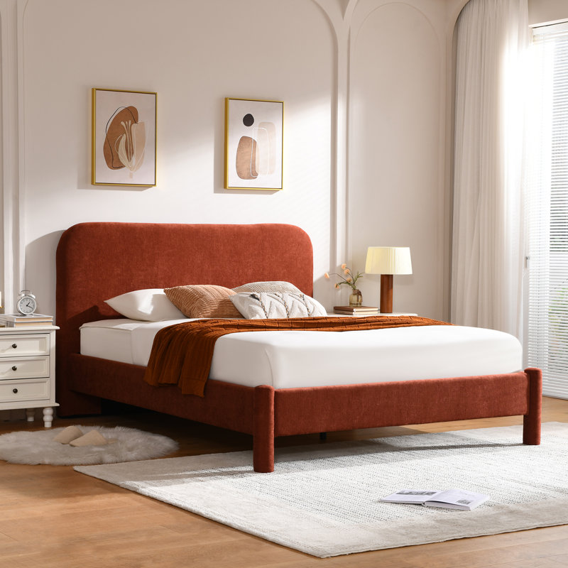 Lit plateforme rembourré avec coins arrondis doux Reige, Rouge rouille, Double