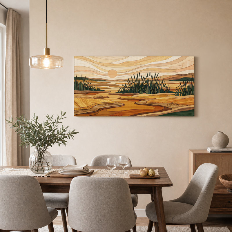 Art mural sur toile en bois marqueterie rivière et quenouilles, 32“W x 16”H