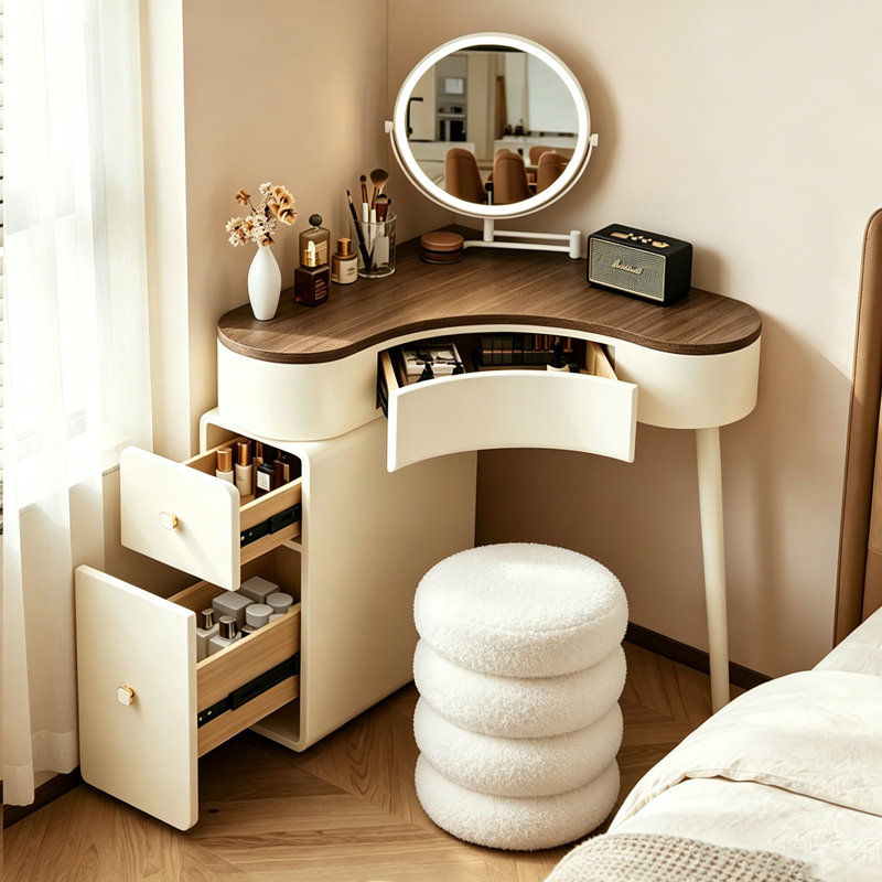 Table de coiffeuse de coin Mid-Century en bois massif avec armoire à tiroirs et tabouret rond