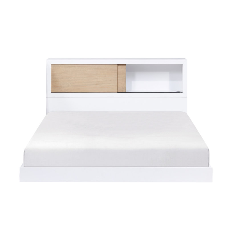 Lit double avec bibliothèque et tête de lit pour enfant, tête de lit blanche, sans sommier, taille compacte avec sommier tapissier, finition 2 tons, rangement
