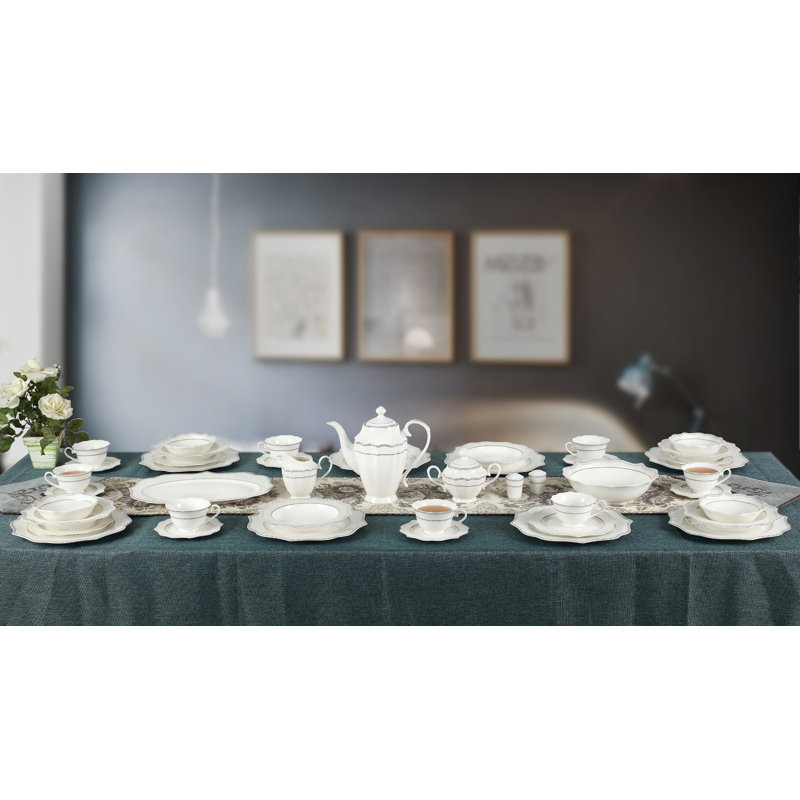 Elegant Silver Lace Porcelain Dinnerware Set, Service for 8