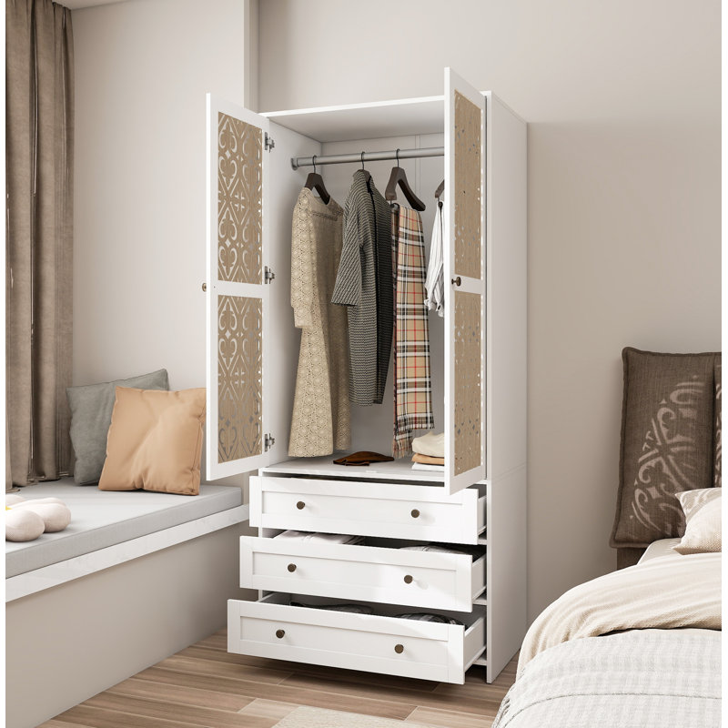Garde-robe à 2 portes et 3 tiroirs à motif creux, la collision du blanc, convient aux chambres à coucher et aux vestiaires