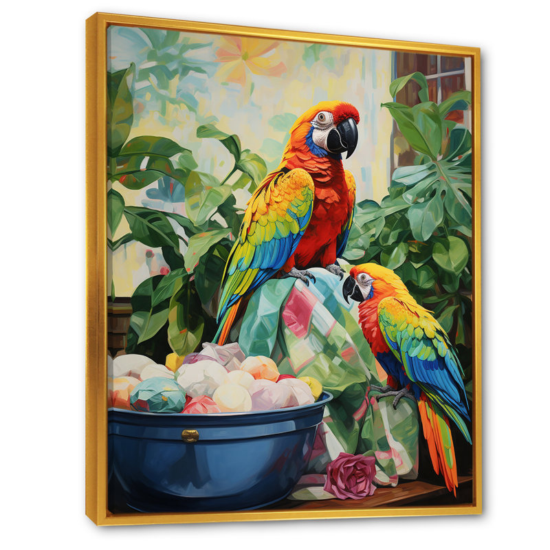 «Red Parrot Paradise I», art mural perroquet, Cadre flottant doré, H 20 po x l 12 po x P 1 po