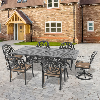 7-Piece All-Weather Cast Aluminum Dining Set, Include 2 Swivel Chairs,6 Dining Chairs And Rectangular Table With Black Frame 