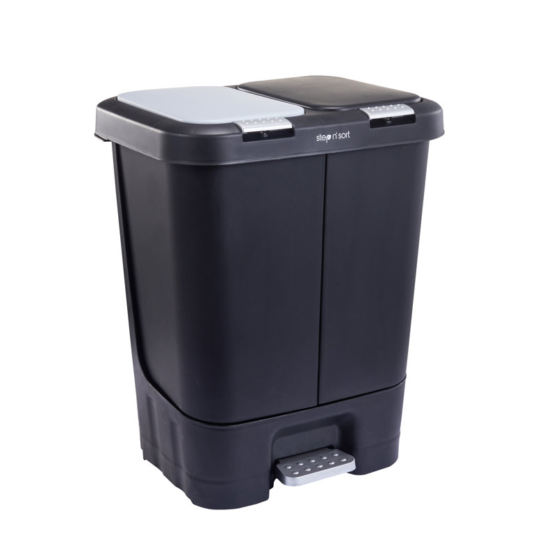 Black Dual Compartment Plastic Step Pedal Trash and Recycling Bin