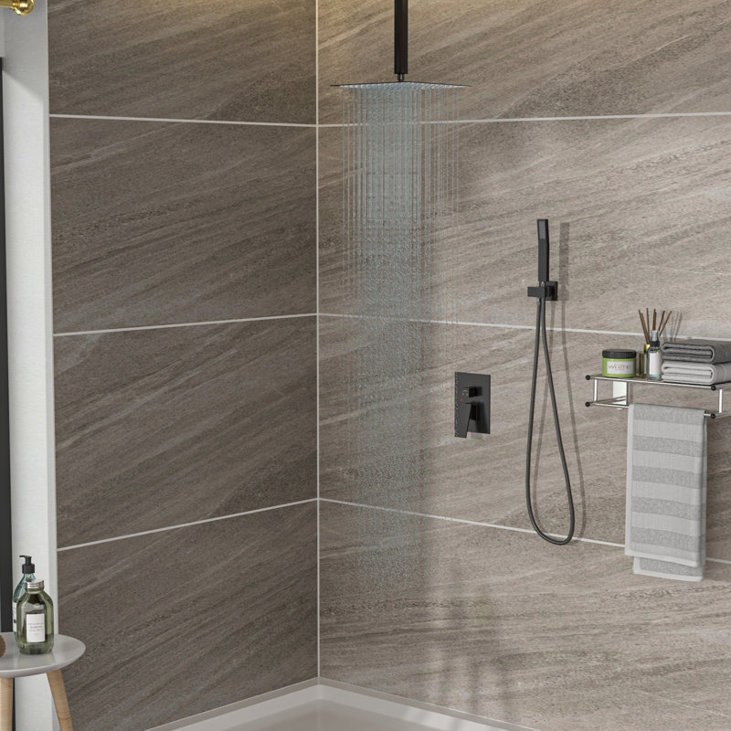Pomme de douche carrée double au plafond 16 pouces avec finition bronze huilé, pluie réglable, protection contre les brûlures et composants tout en un bronze, motif de pluie, valve, buse pour tracas