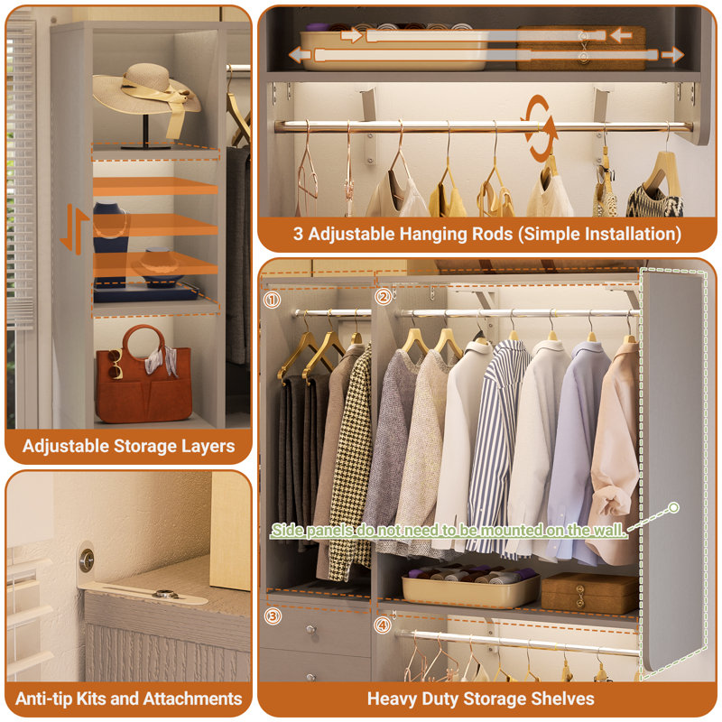 Navada Closet System with Wooden Drawers and Two Hanging Rods, Gray