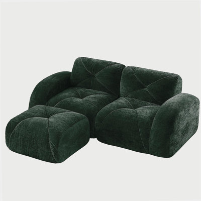 L-shaped Boneless Sofa,Soft Velvet Fabric,Tufted Design,32D High Density Sponge,No Assembly Required,Ergonomic Design Bottom, Anti-Slip Design,Movable Ottoman For Bedrooms,Green