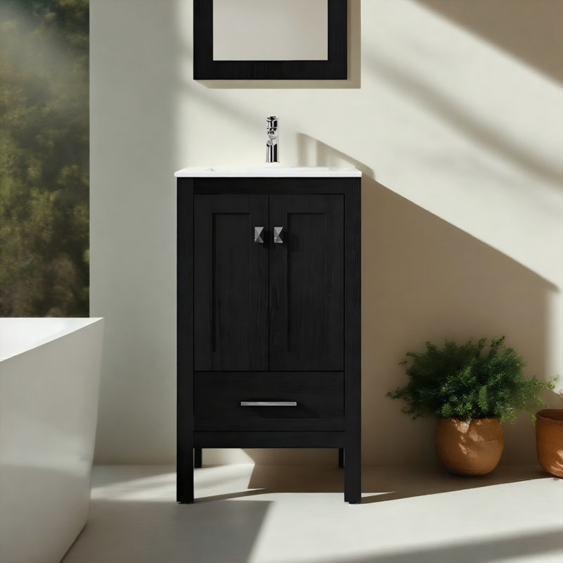Ensemble de meuble-lavabo compact de 20 pouces avec miroir préinstallé et lavabo en céramique, ensemble de meuble-lavabo à vagues noires avec charnières à fermeture en douceur