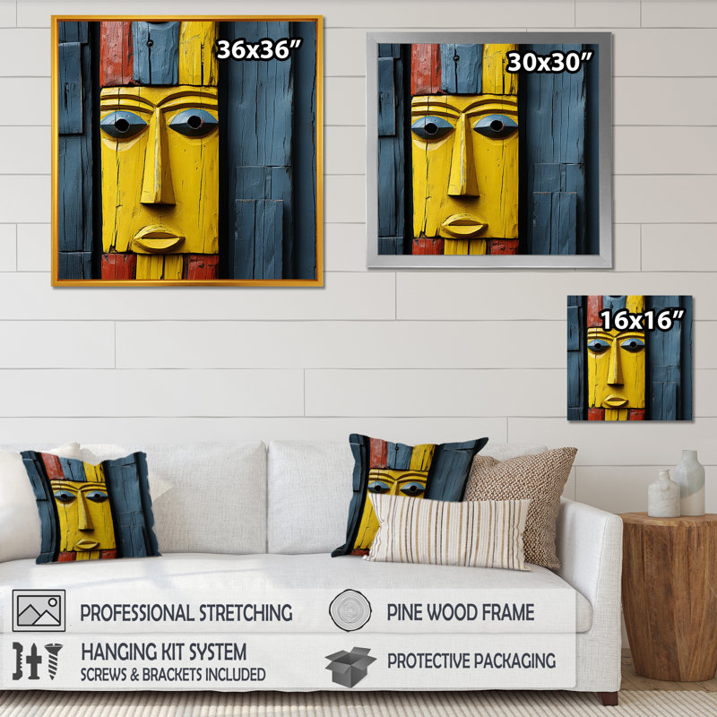 Motif africain Kuba - Masque africain, art mural, Cadre flottant noir, H 36 po x l 36 po x P 1,5 po